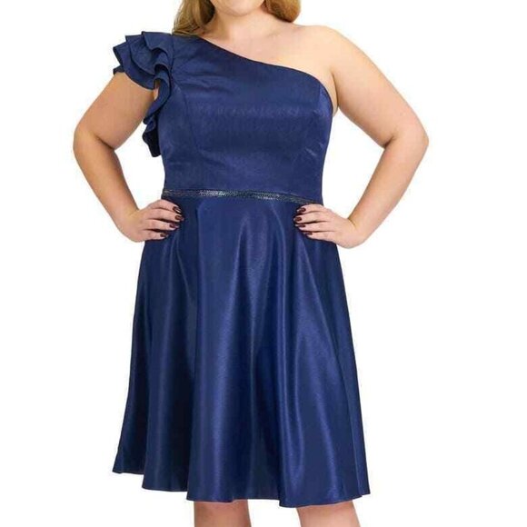 Mac Duggal Midnight Blue One-Shoulder Ruffle Cocktail Dress - Picture 1 of 2